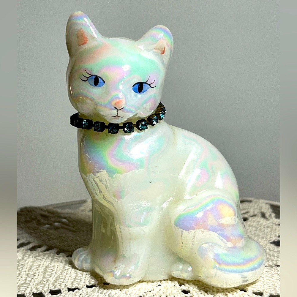 Signed Fenton Opalescent September Sapphire Calendar Cat #5165 Iridescent Glass